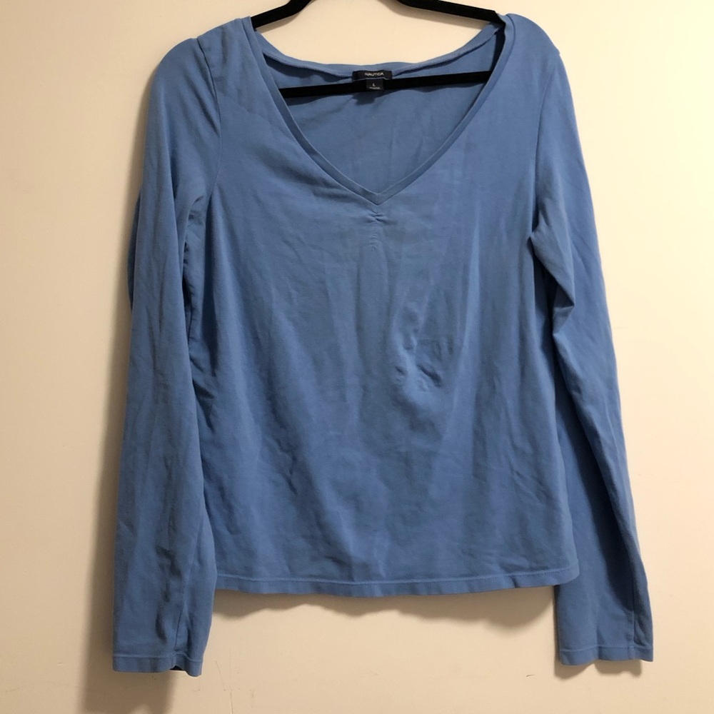Nautica Light Blue V-Neck Long Sleeve Shirt (Free Mystery Clothes)